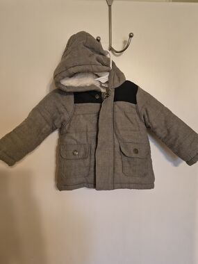 Carter's Gray Hooded Puffer Coat with Black Shoulder Accents